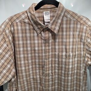 The North Face Button Front Shirt Size XL Brown Plaid Short Sleeve